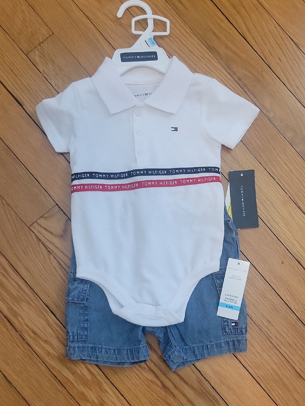 Tommy Hilfiger White Polo Bodysuit with Navy & Red Trim and Denim-Style Shorts